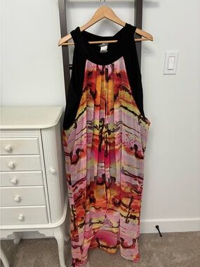 Sleeveless Multi-Color Print Maxi Dress. Sheer colourful over black  2X